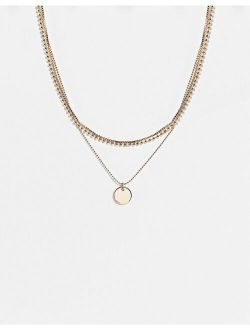 multirow necklace with circle pendant in gold