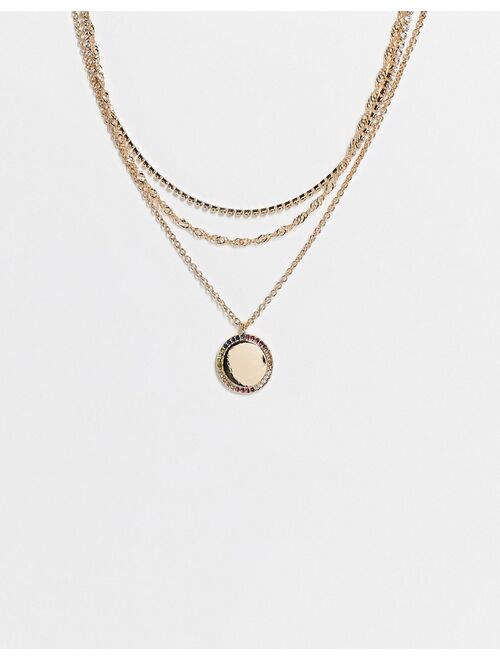 Topshop multirow necklace with rainbow pave pendant in gold