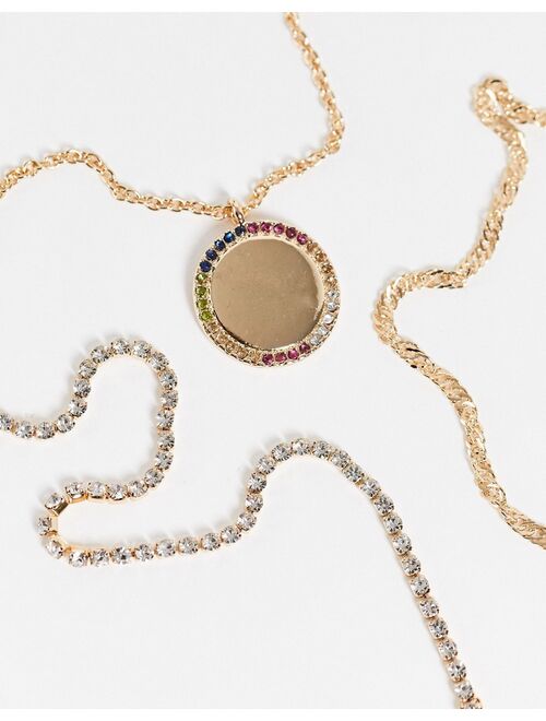 Topshop multirow necklace with rainbow pave pendant in gold