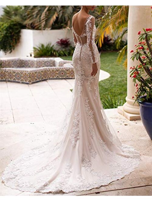 Noras dress Women's Lace Appliques Long Sleeve Mermaid Wedding Dress V Neck Bridal Gowns B131