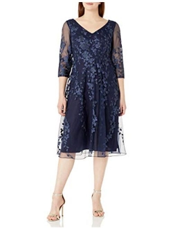 Women's Tea Length Embroidered Dress Illusion Sleeves (Petite Missy)