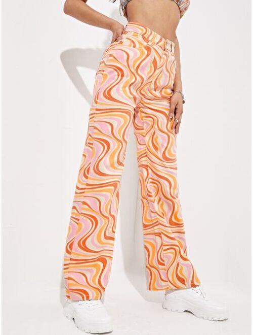 Shein Allover Print Slant Pockets High Waist Wide Leg Jeans