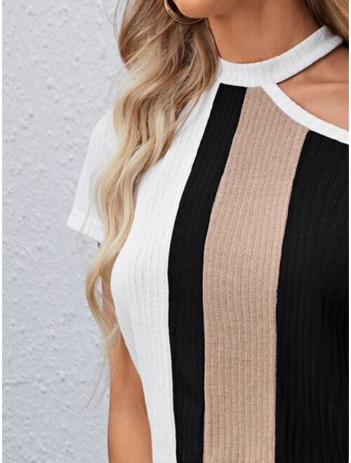 SHEIN Asymmetrical Shoulder Rib-knit Colorblock Tee