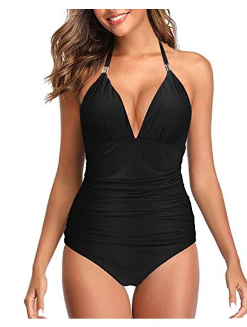 Rxrxcoco Nylon Plunging Neck With Halter Straps Adjustable Swimsuit