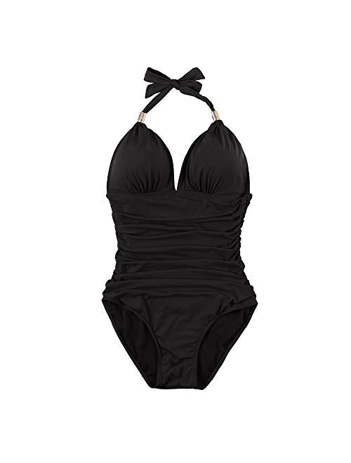 Rxrxcoco Nylon Plunging Neck With Halter Straps Adjustable Swimsuit
