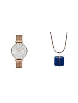 Women's Anita Quartz Stainless Steel Mesh Watch, Color: Rose Gold-Tone & Skagen Women's Blue Sea Glass Rose Gold Tone Pendant Necklace