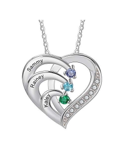 kaululu Personalized Mother Necklace with Kids Names, Birthstone Heart Necklaces for Women Custom Name Necklace Mother Daughter Necklace Sterling Silver Birthday Gifts fo