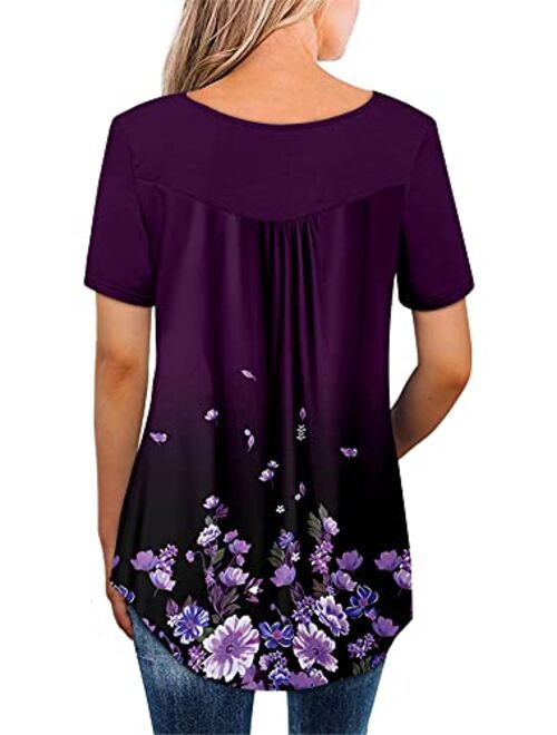 ONLYSHE Womens Casual Short Sleeve Shirts V Neck&U Neck Tops Button Up Tunic Floral Ruffle Blouse