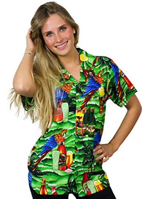 King Kameha Hawaiian Blouse Shirt for Women Funky Casual Button Down Very Loud Shortsleeve Unisex Parrot Beerbottle