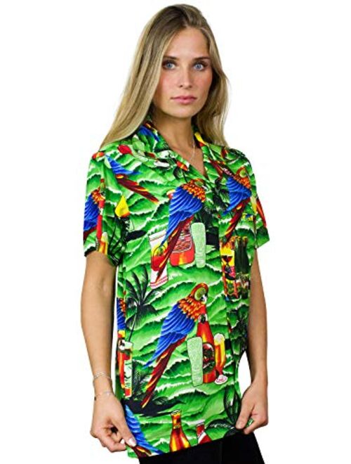King Kameha Hawaiian Blouse Shirt for Women Funky Casual Button Down Very Loud Shortsleeve Unisex Parrot Beerbottle