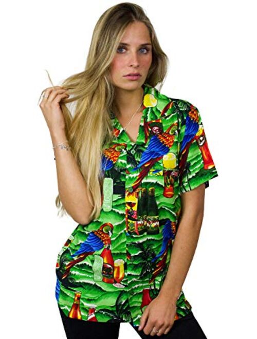King Kameha Hawaiian Blouse Shirt for Women Funky Casual Button Down Very Loud Shortsleeve Unisex Parrot Beerbottle