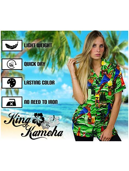 King Kameha Hawaiian Blouse Shirt for Women Funky Casual Button Down Very Loud Shortsleeve Unisex Parrot Beerbottle