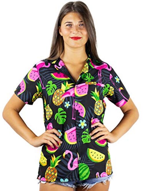 King Kameha Hawaiian Blouse Shirt for Women Funky Casual Button Down Very Loud Shortsleeve Flamingos