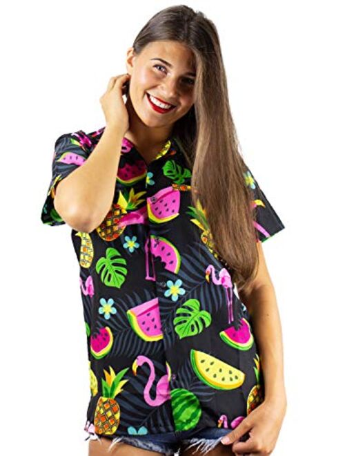 King Kameha Hawaiian Blouse Shirt for Women Funky Casual Button Down Very Loud Shortsleeve Flamingos