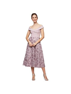 Women's Tea Length Dress with Rosette Detail (Petite and Regular)