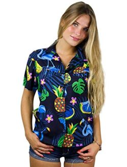 Hawaiian Blouse Shirt for Women Funky Casual Button Down Very Loud Shortsleeve Small Flower