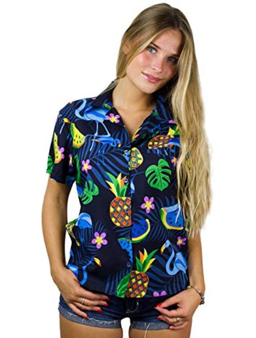 KING KAMEHA Hawaiian Blouse Shirt for Women Funky Casual Button Down Very Loud Shortsleeve Small Flower