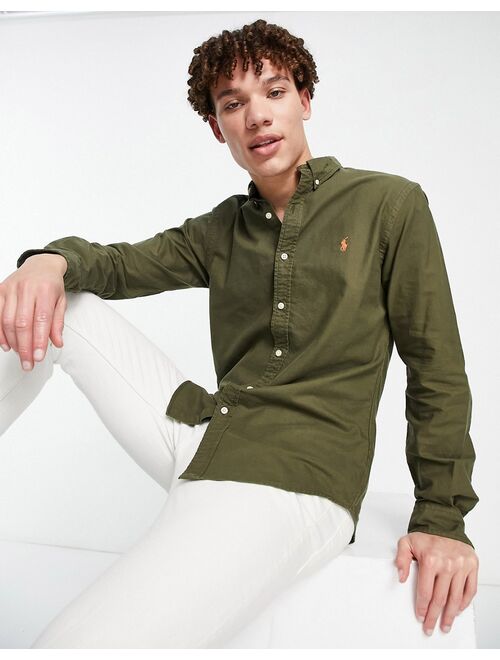 Polo Ralph Lauren polo player logo garment dyed oxford shirt slim fit button down in defender green