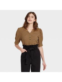 Women's Striped Puff Elbow Sleeve Henley Shirt - Who What Wear™