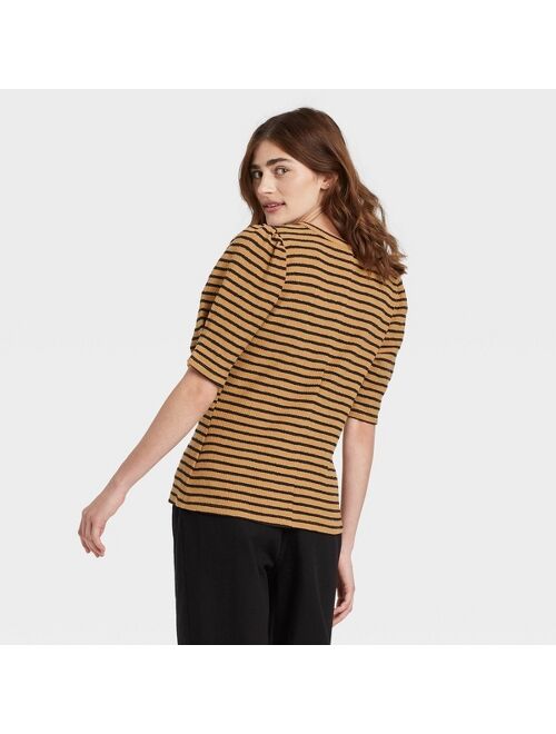 Women's Striped Puff Elbow Sleeve Henley Shirt - Who What Wear™