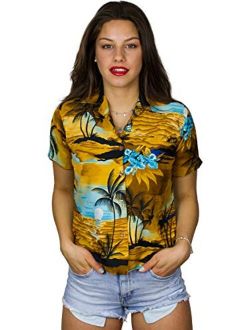 Funky Casual Hawaiian Blouse Shirt for Women Front Pocket Button Down Very Loud Shortsleeve Surf Print