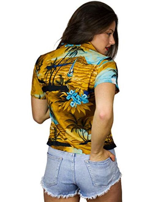 KING KAMEHA Funky Casual Hawaiian Blouse Shirt for Women Front Pocket Button Down Very Loud Shortsleeve Surf Print