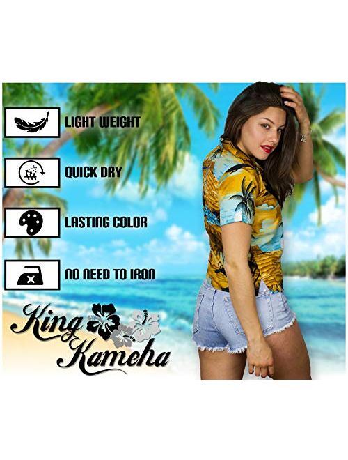 KING KAMEHA Funky Casual Hawaiian Blouse Shirt for Women Front Pocket Button Down Very Loud Shortsleeve Surf Print
