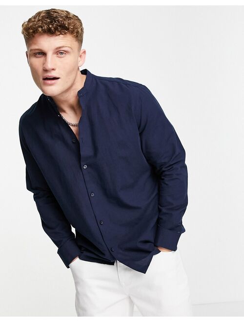 Selected Homme linen shirt with grandad neck in navy