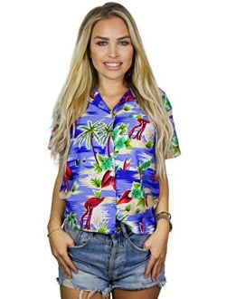 Hawaiian Blouse Shirt for Women Funky Casual Button Down Very Loud Shortsleeve Flamingos