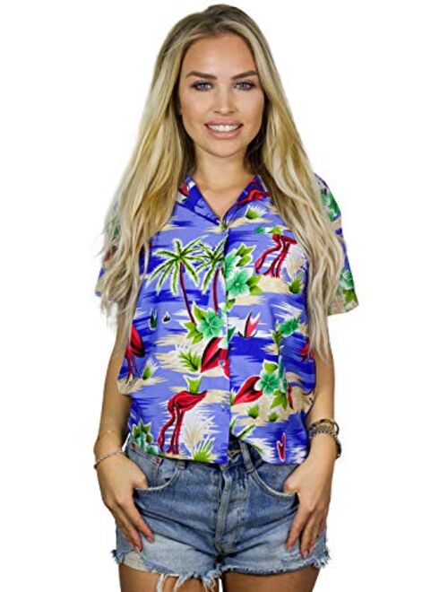 King Kameha Hawaiian Blouse Shirt for Women Funky Casual Button Down Very Loud Shortsleeve Flamingos