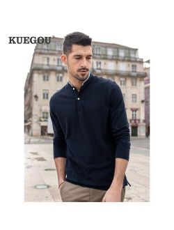 KUEGOU 100% Cotton Spring Men‘s T-shirt long sleeve Tee Henley Patchwork Collar Tshirt fashion Top Plus Size ZT-88054
