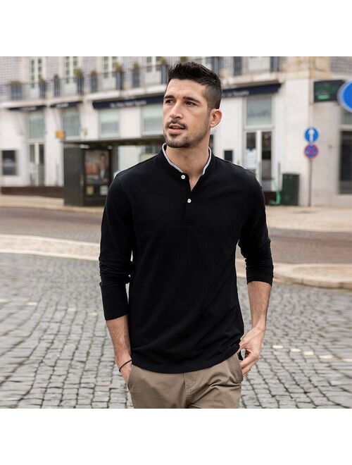 KUEGOU 100% Cotton Spring Men‘s T-shirt long sleeve Tee Henley Patchwork Collar Tshirt fashion Top Plus Size ZT-88054