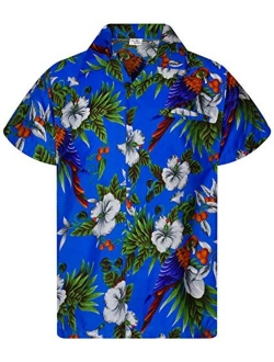 Funky Casual Hawaiian Shirt for Men Front Pocket Button Down Very Loud Shortsleeve Unisex Cherry Parrot Print