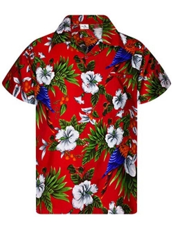 Funky Casual Hawaiian Shirt for Men Front Pocket Button Down Very Loud Shortsleeve Unisex Cherry Parrot Print