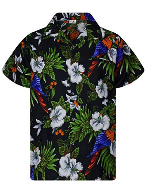 KING KAMEHA Funky Casual Hawaiian Shirt for Men Front Pocket Button Down Very Loud Shortsleeve Unisex Cherry Parrot Print
