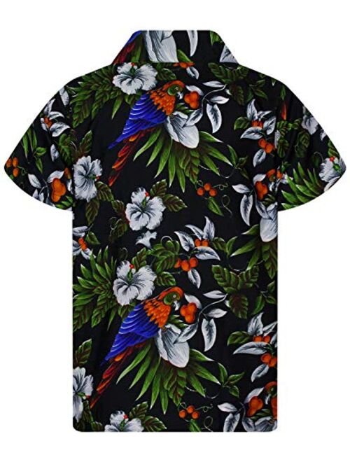 KING KAMEHA Funky Casual Hawaiian Shirt for Men Front Pocket Button Down Very Loud Shortsleeve Unisex Cherry Parrot Print