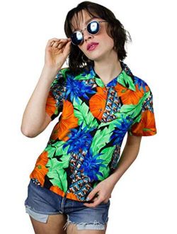Hawaiian Blouse Shirt for Women Funky Casual Button Down Very Loud Shortsleeve Pineapple Hibiscus