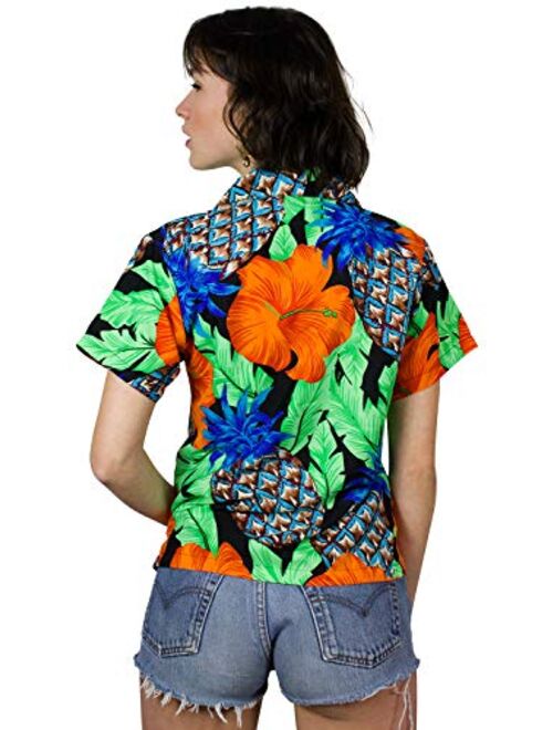 KING KAMEHA Hawaiian Blouse Shirt for Women Funky Casual Button Down Very Loud Shortsleeve Pineapple Hibiscus