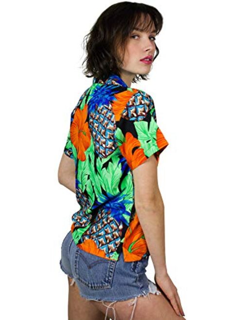KING KAMEHA Hawaiian Blouse Shirt for Women Funky Casual Button Down Very Loud Shortsleeve Pineapple Hibiscus