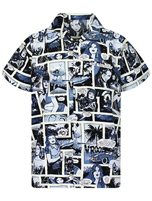 King Kameha Funky Hawaiian Shirt for Men Short Sleeve Front-Pocket Comic Superhero Multiple Colors