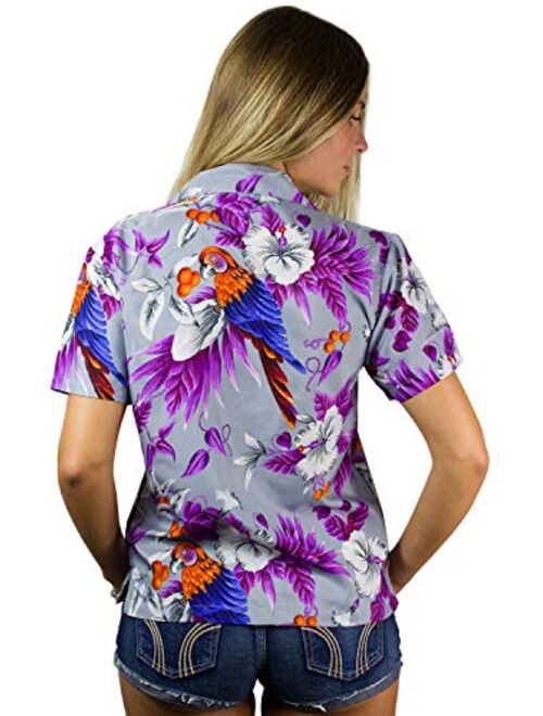 King Kameha Hawaiian Blouse Shirt for Women Funky Casual Button Down Very Loud Shortsleeve Cherryparrot 