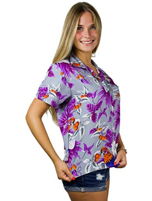 King Kameha Hawaiian Blouse Shirt for Women Funky Casual Button Down Very Loud Shortsleeve Cherryparrot