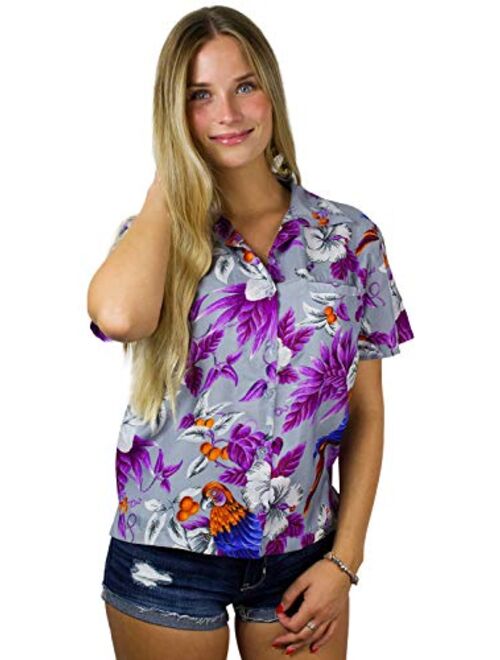 King Kameha Hawaiian Blouse Shirt for Women Funky Casual Button Down Very Loud Shortsleeve Cherry Parrot
