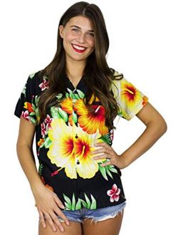 Funky Hawaiian Blouse Shirt Women Short-Sleeve Front-Pocket Paradise Flowers Multiple Colors