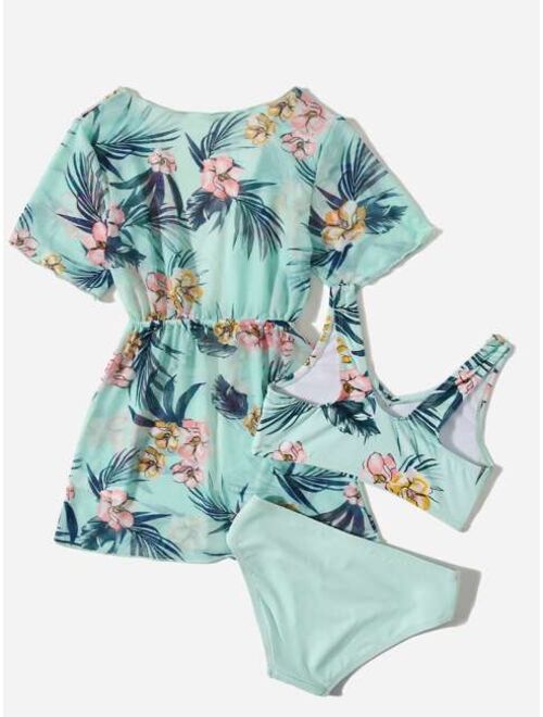 Shein 3pack Toddler Girls Floral & Tropical Print Bikini Swimsuit & Cover Up