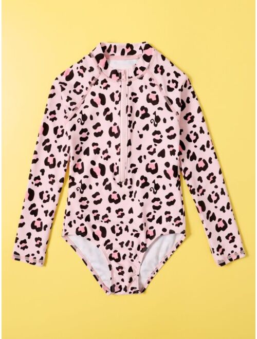 Shein Toddler Girls Leopard Zip Front One Piece Swimsuit