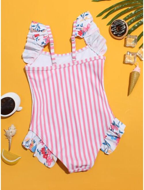 Shein Toddler Girls Flamingo & Striped Ruffle One Piece Swimsuit
