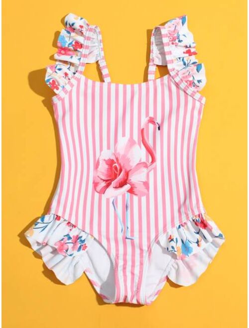 Shein Toddler Girls Flamingo & Striped Ruffle One Piece Swimsuit