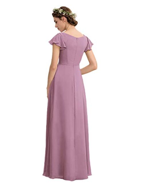 Noras dress V Neck Chiffon Bridesmaid Dresses with Pockets Long Evening Gown Ruffle Sleeve Formal Gowns for Women B149