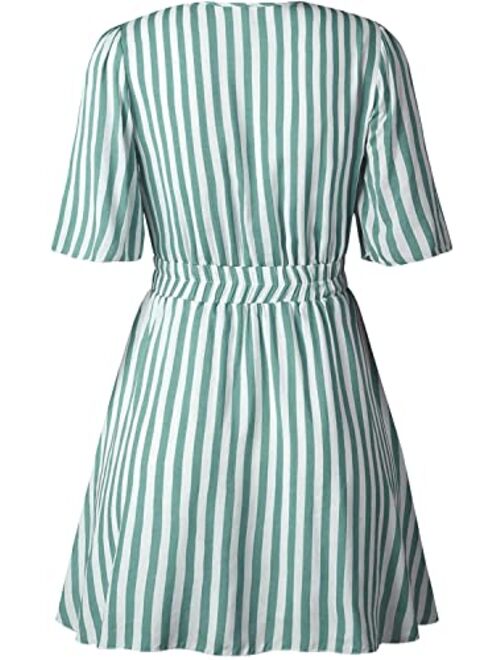 PRETTYGARDEN Women's Summer Deep V Neck Short Sleeve Striped Wrap Ruffle Hem Mini Dress